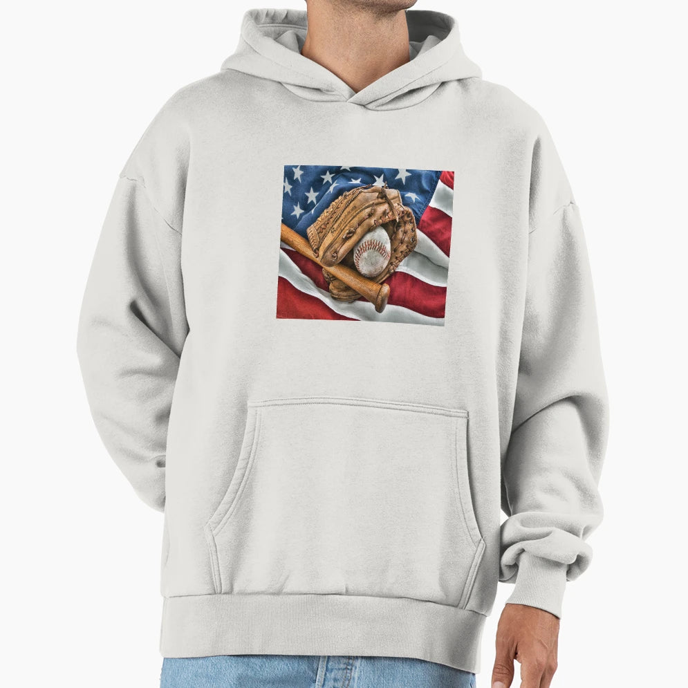 Baseball And Flag Wallpaper Hoodie - Fun Novelty Design Men Women - T-Shirt, Sweatshirt, Hoodie