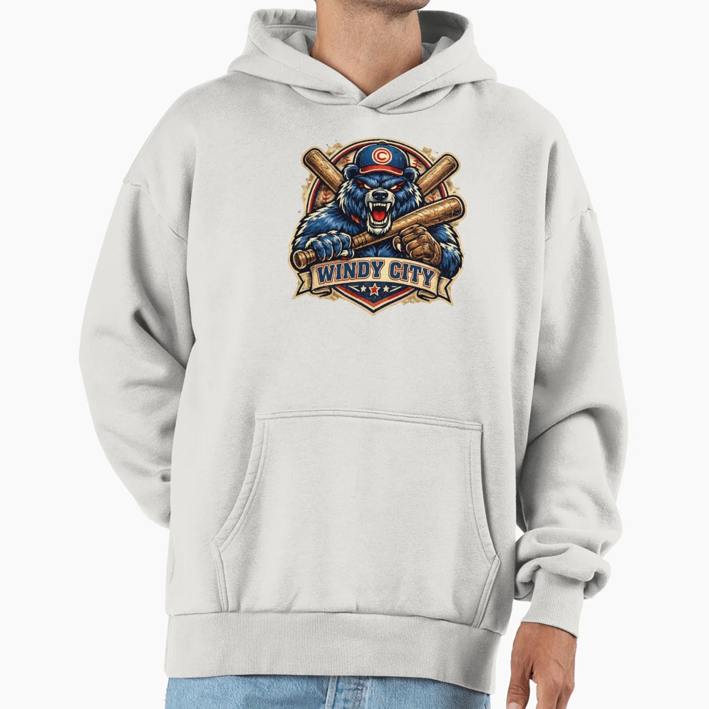 Windy City Baseball Bear Mascot Hoodie - Trendy Graphic for Adults - T-Shirt, Sweatshirt, Hoodie