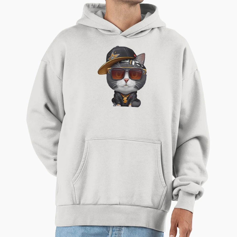 Black White Cat Hip Hop Super Star Hoodie - Fun Novelty Design Men Women - T-Shirt, Sweatshirt, Hoodie
