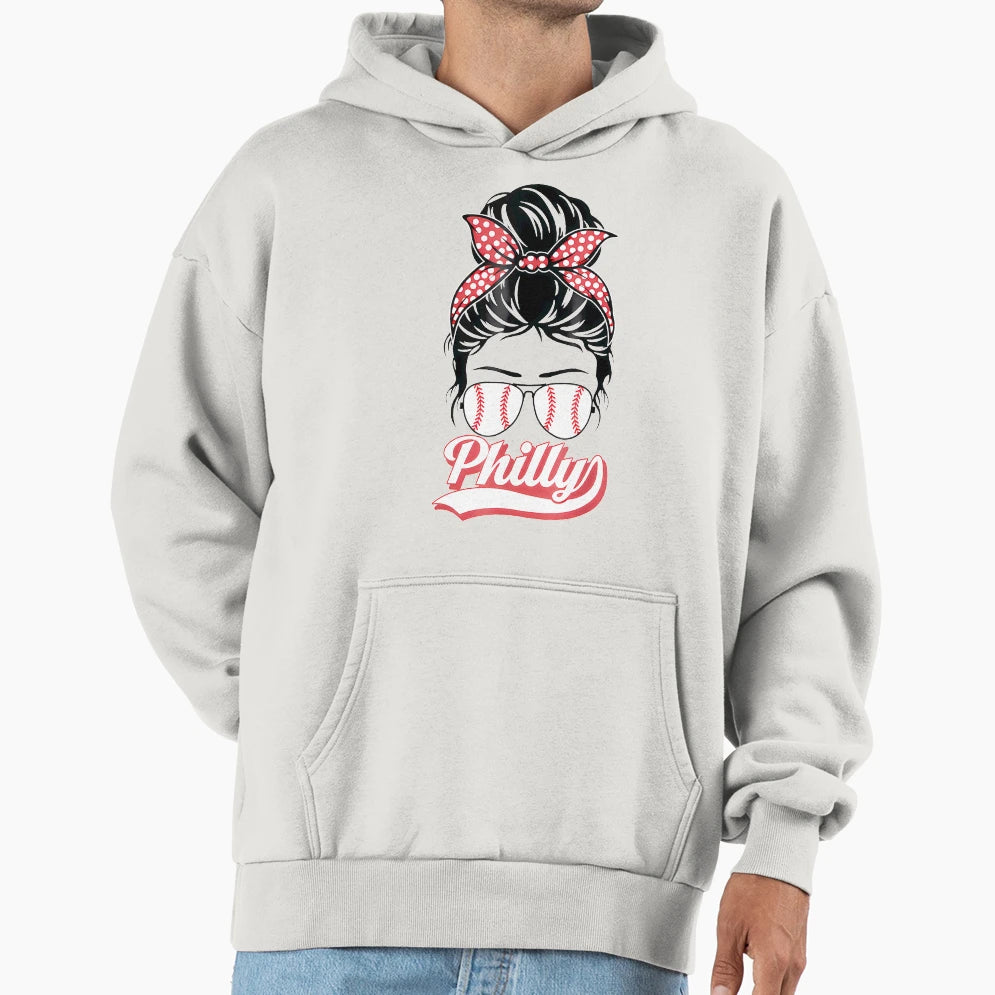 Philly Baseball Fans Messy Bun Philadelphia Hoodie - Trendy Graphic Unisex - T-Shirt, Sweatshirt, Hoodie