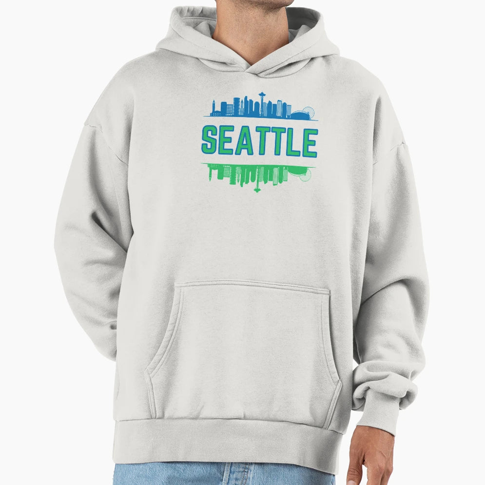 Blue And Green Seattle Skyline Hoodie - Graphic Print for Adults - T-Shirt, Sweatshirt, Hoodie