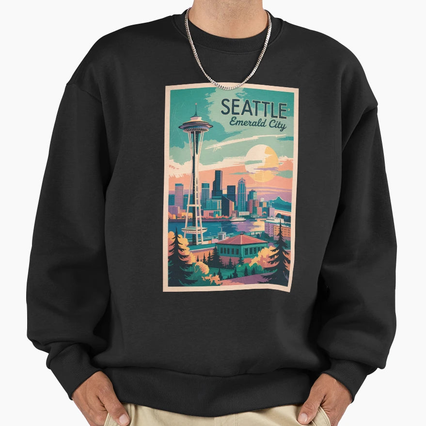 Seattle Washington Skyline Travel Art Sweatshirt - Trendy Graphic Unisex - T-Shirt, Sweatshirt, Hoodie
