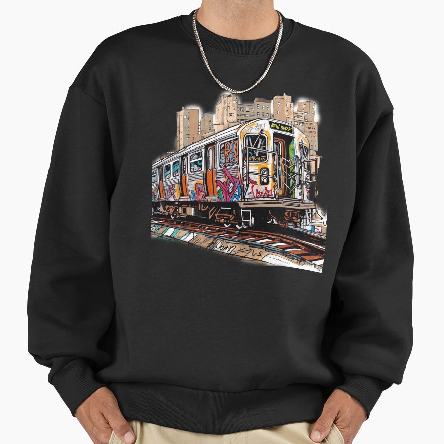 Nyc Train And City Sweatshirt - Aesthetic Graphic for Adults - T-Shirt, Sweatshirt, Hoodie