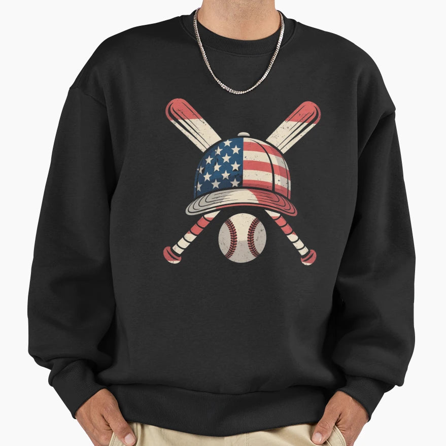 Baseball American Flag Lax Cap Sweatshirt - Fun Novelty Design Men Women - T-Shirt, Sweatshirt, Hoodie