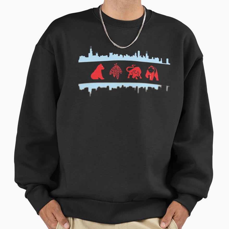 Chicago Flags Teams And Skyline Sweatshirt - Casual Everyday Wear Men Women - T-Shirt, Sweatshirt, Hoodie