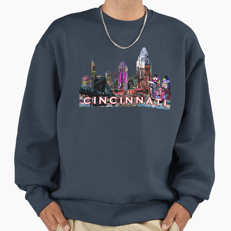 Colorful Cincinnati Skyline Neon Sweatshirt - Graphic Print Unisex - T-Shirt, Sweatshirt, Hoodie
