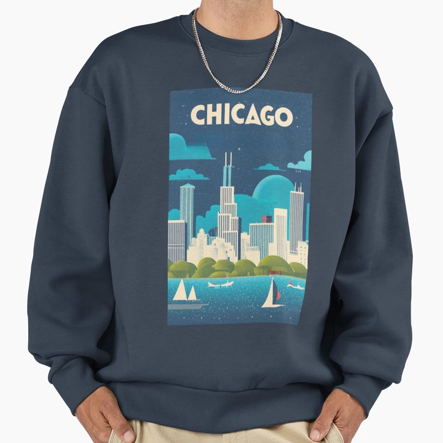 Travel Art Chicago Illinois Us Sweatshirt - Casual Everyday Wear for Adults - T-Shirt, Sweatshirt, Hoodie