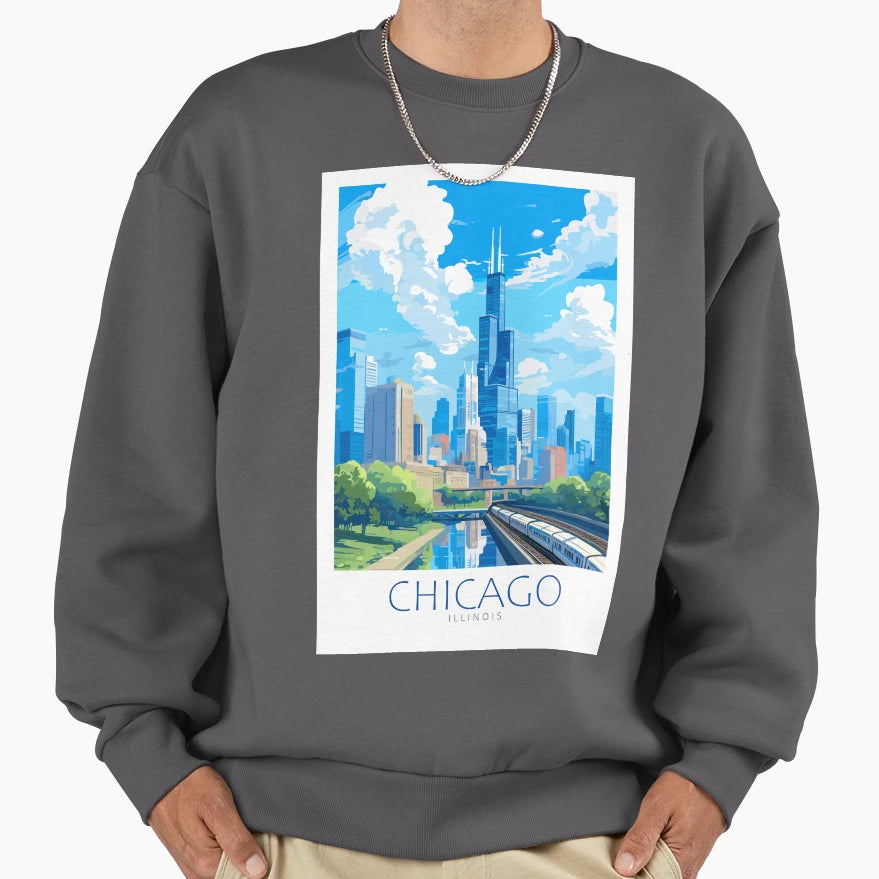 Minimalistic Chicago Illinois Sweatshirt - Streetwear Style for Adults - T-Shirt, Sweatshirt, Hoodie