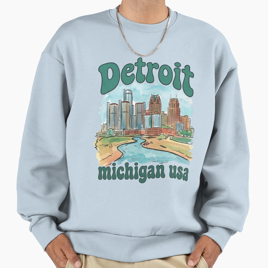Detroit Michigan Skyline Cityscape Sweatshirt - Novelty Apparel Men Women - T-Shirt, Sweatshirt, Hoodie