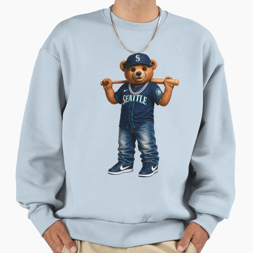 Seattle Baseball Bear Bat Shoulder Sweatshirt - Unique Graphic Men Women - T-Shirt, Sweatshirt, Hoodie