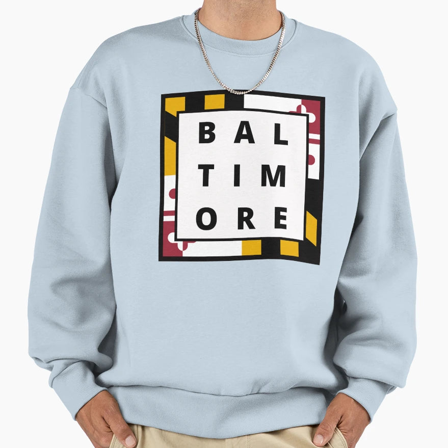 Baltimore Maryland Flag Spellout Sweatshirt - Novelty Apparel for Adults - T-Shirt, Sweatshirt, Hoodie