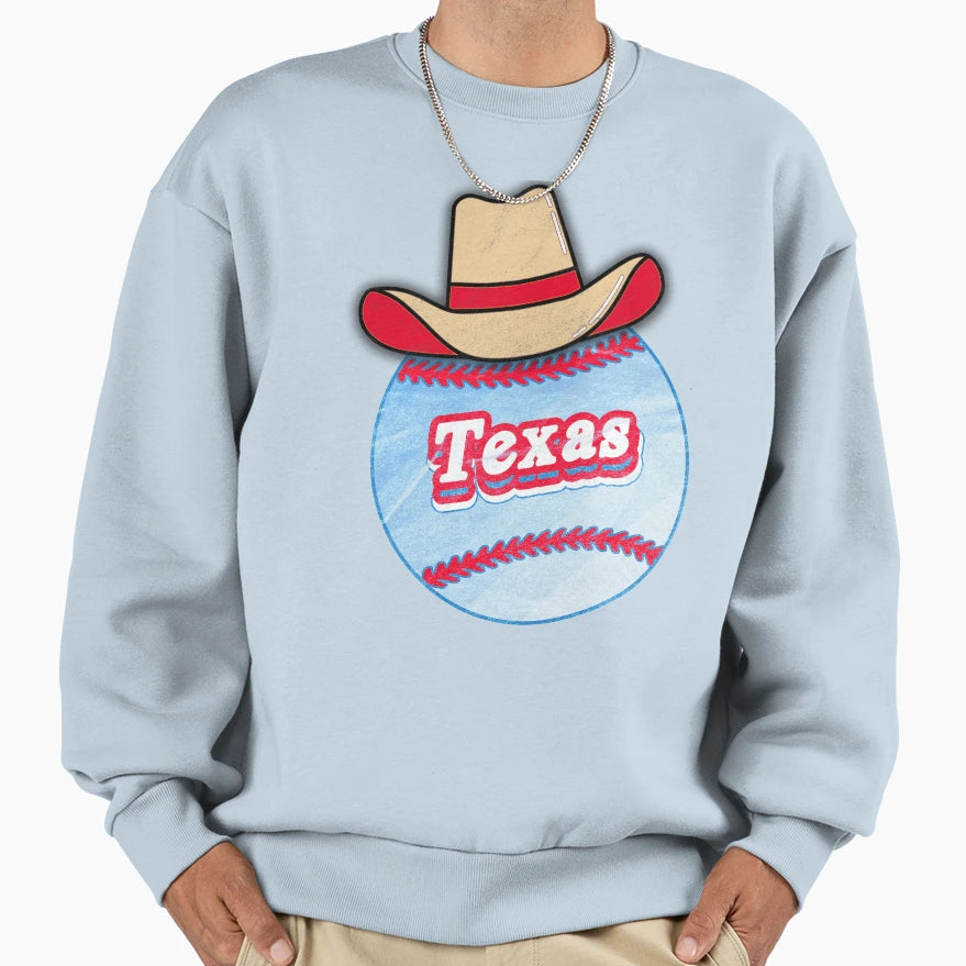 Texas Baseball Cowboy Hat Sweatshirt - Unique Graphic for Adults - T-Shirt, Sweatshirt, Hoodie