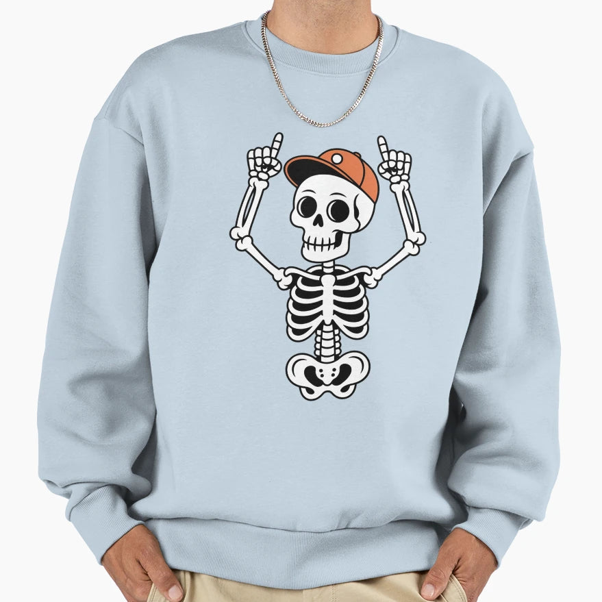 Rocker Skeleton Cap Skater Halloween Sweatshirt - Graphic Print for Adults - T-Shirt, Sweatshirt, Hoodie