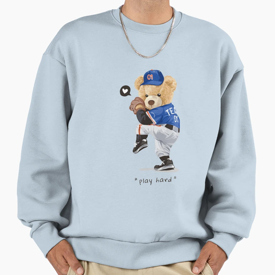 Baseball Teddy Play Hard Sweatshirt - Unique Graphic for Adults - T-Shirt, Sweatshirt, Hoodie