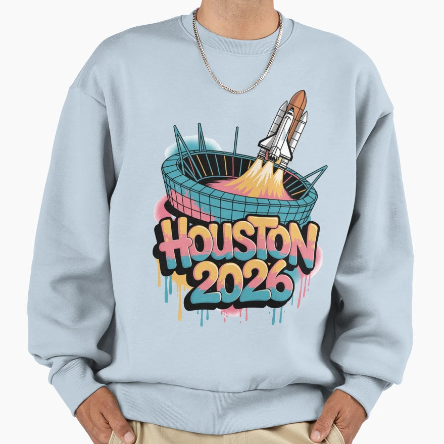 Houston 2026 Space Shuttle Football V4 T-Shirt - Trendy Graphic for Adults - T-Shirt, Sweatshirt, Hoodie