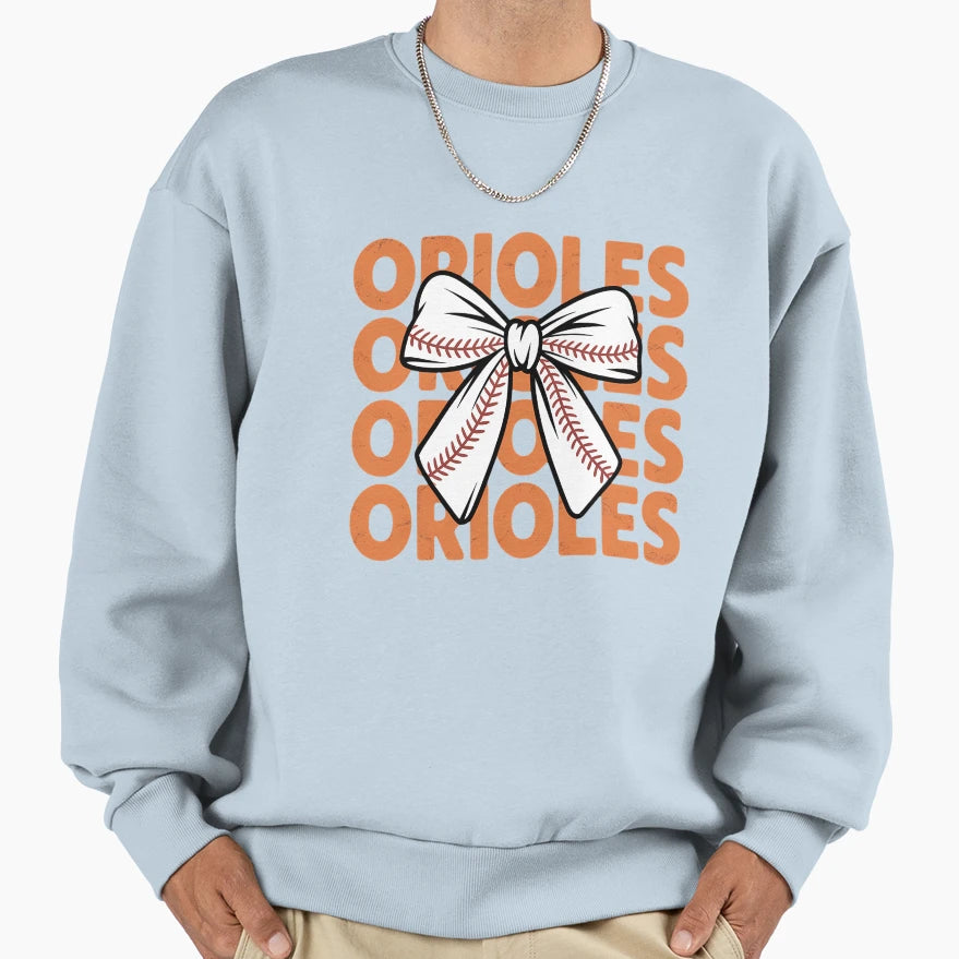 Baseball Cheer Oriole Bow Tie Sweatshirt - Graphic Print Unisex - T-Shirt, Sweatshirt, Hoodie