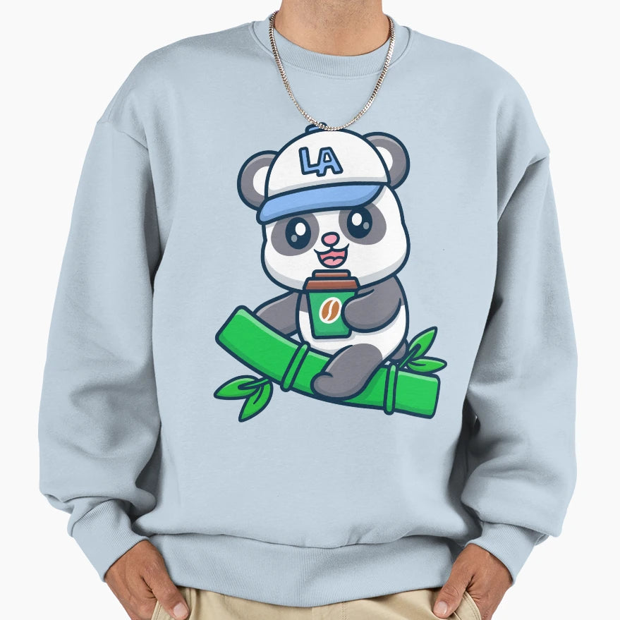 Cartoon Panda Drinking Coffee Sweatshirt - Casual Everyday Wear Men Women - T-Shirt, Sweatshirt, Hoodie