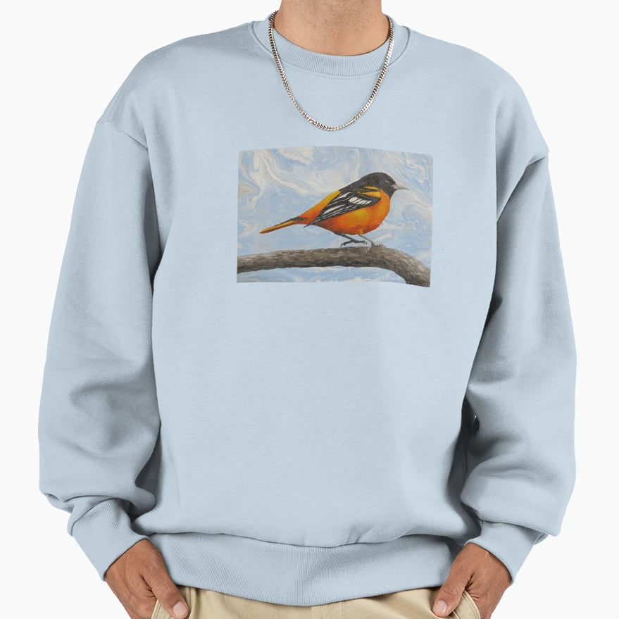 Male Baltimore Oriole Settling Branch Sweatshirt - Aesthetic Graphic Unisex - T-Shirt, Sweatshirt, Hoodie