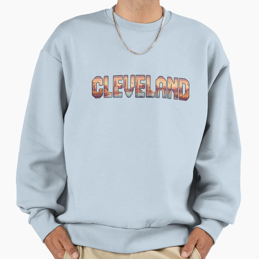 Cleveland Ohio Pixel Skyline Sunset Sweatshirt - Graphic Print for Adults - T-Shirt, Sweatshirt, Hoodie