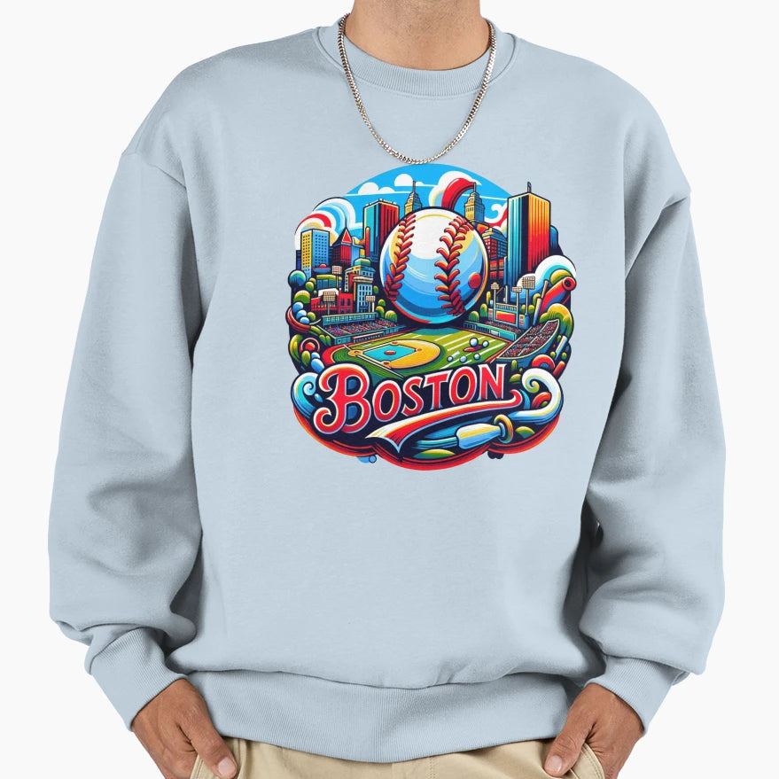 Boston Baseball Cityscape Badge Sweatshirt - Custom Art Print Men Women - T-Shirt, Sweatshirt, Hoodie