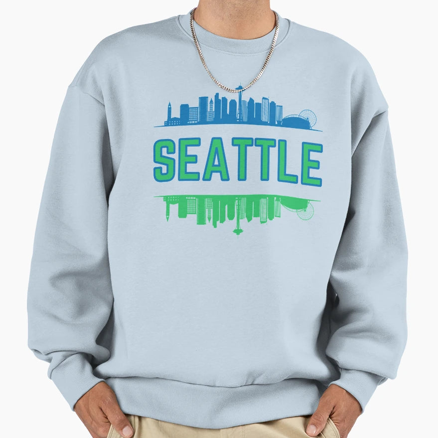 Blue And Green Seattle Skyline Sweatshirt - Custom Art Print for Adults - T-Shirt, Sweatshirt, Hoodie