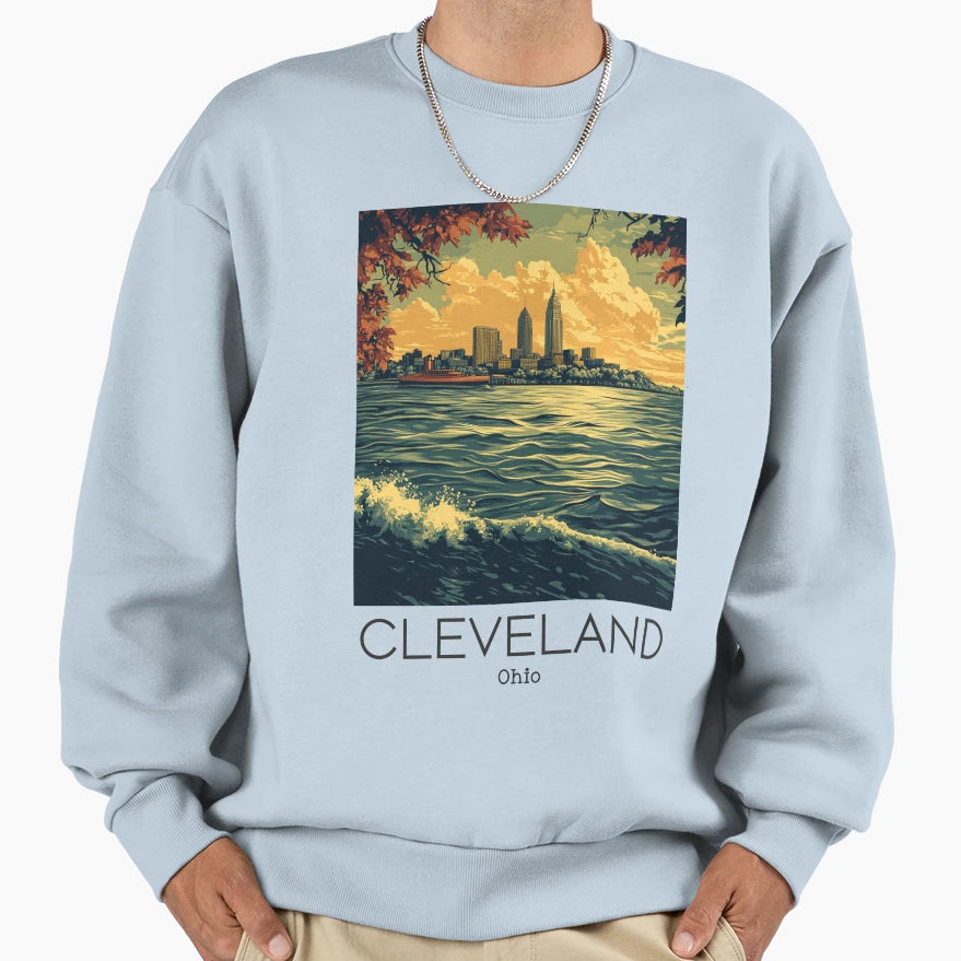 Travel Illustration Cleveland Ohio Sweatshirt - Trendy Graphic for Adults - T-Shirt, Sweatshirt, Hoodie