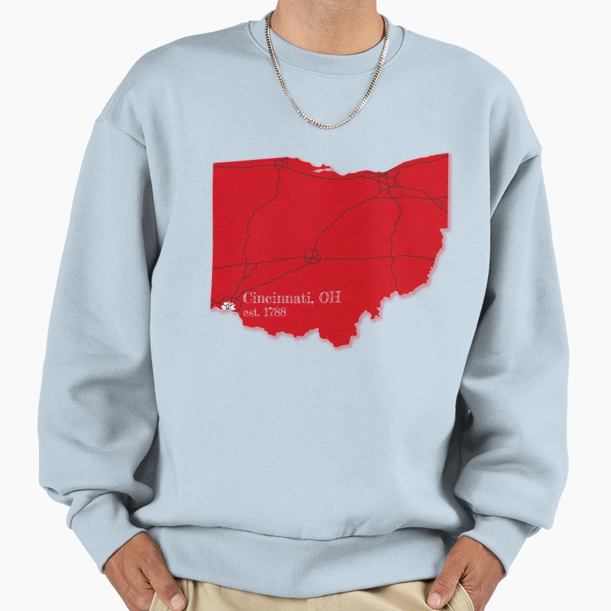 Cincinnati Oh Red Sweatshirt - Graphic Print Unisex - T-Shirt, Sweatshirt, Hoodie