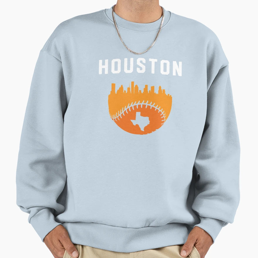 Houston Texas Cityscape Baseball Sweatshirt - Aesthetic Graphic for Adults - T-Shirt, Sweatshirt, Hoodie