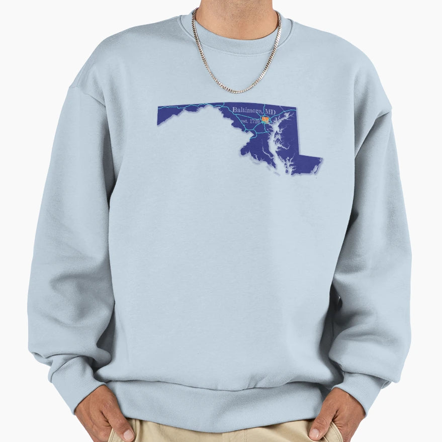 Baltimore Md Blue Sweatshirt - Casual Everyday Wear for Adults - T-Shirt, Sweatshirt, Hoodie