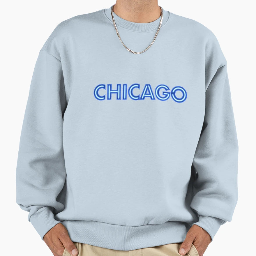 Chicago Neon Blue Sweatshirt - Custom Art Print Unisex - T-Shirt, Sweatshirt, Hoodie