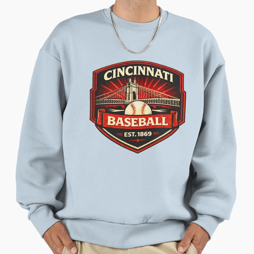 Cincinnati Baseball Bridge Distressed Sweatshirt - Graphic Print Men Women - T-Shirt, Sweatshirt, Hoodie