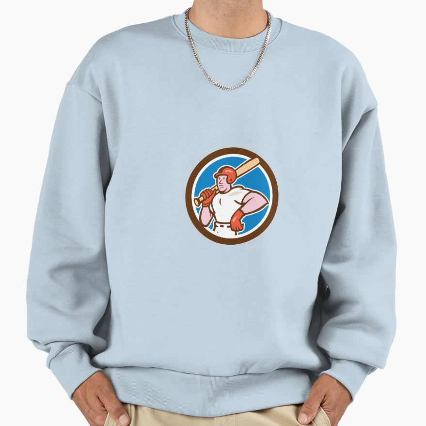 Baseball Player Holding Bat Cartoon Sweatshirt - Aesthetic Graphic Unisex - T-Shirt, Sweatshirt, Hoodie
