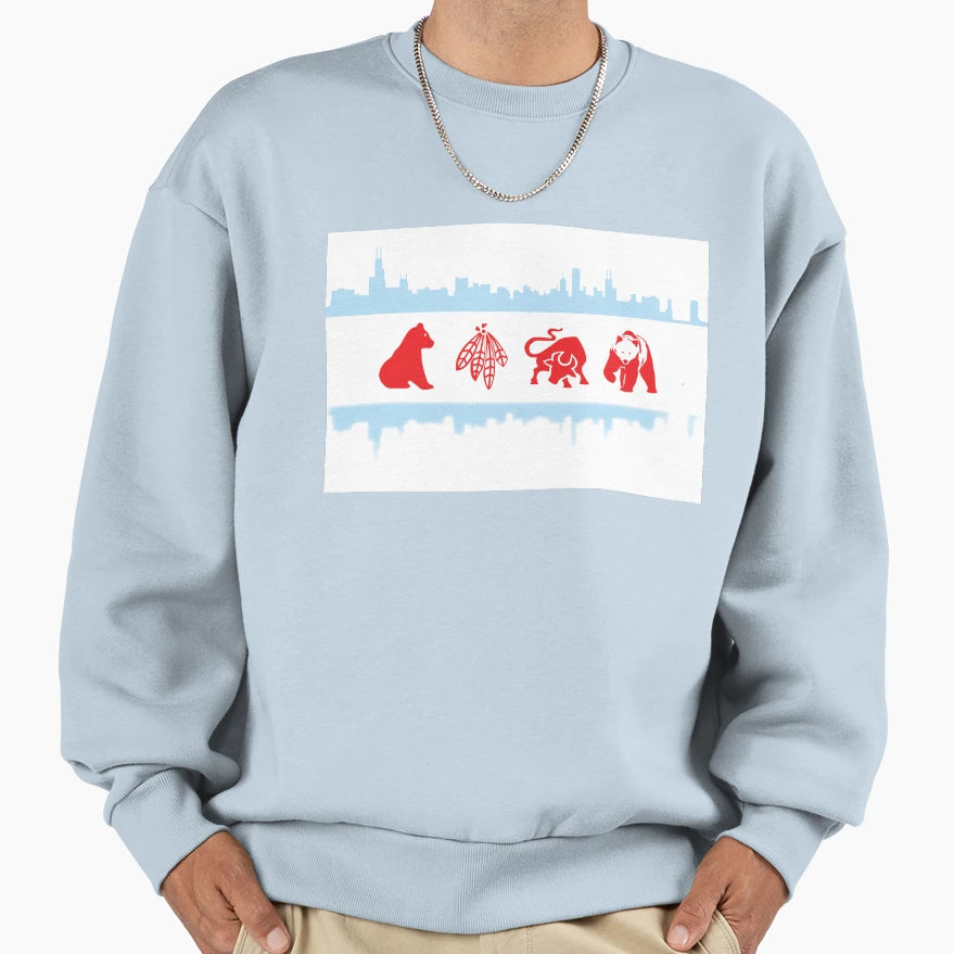 Chicago Flag Logos And Skyline Sweatshirt - Unique Graphic Men Women - T-Shirt, Sweatshirt, Hoodie