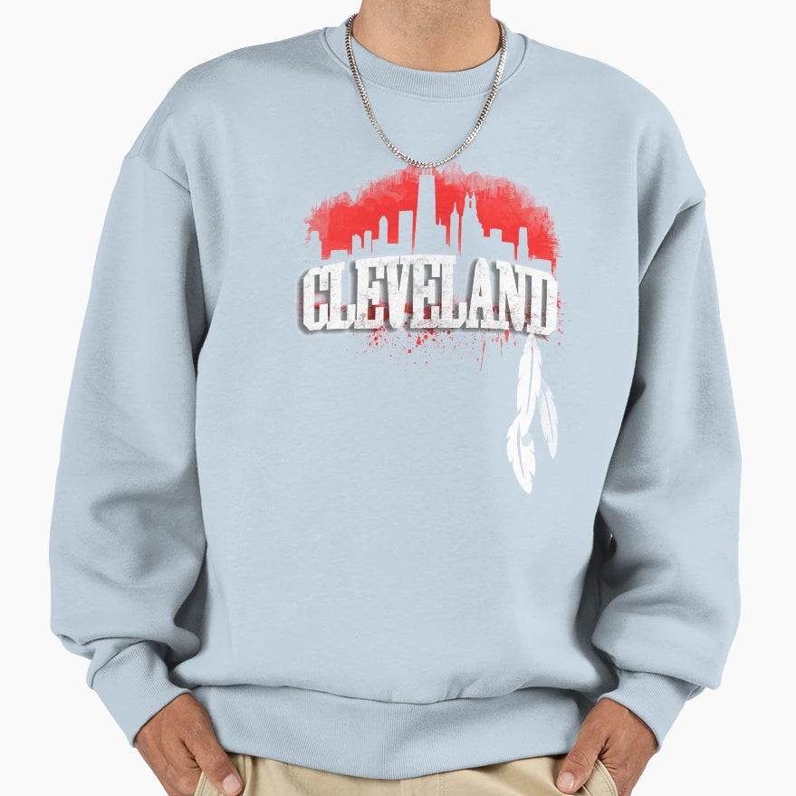 Red Cleveland Ohio Skyline Distressed Sweatshirt - Graphic Print Men Women - T-Shirt, Sweatshirt, Hoodie