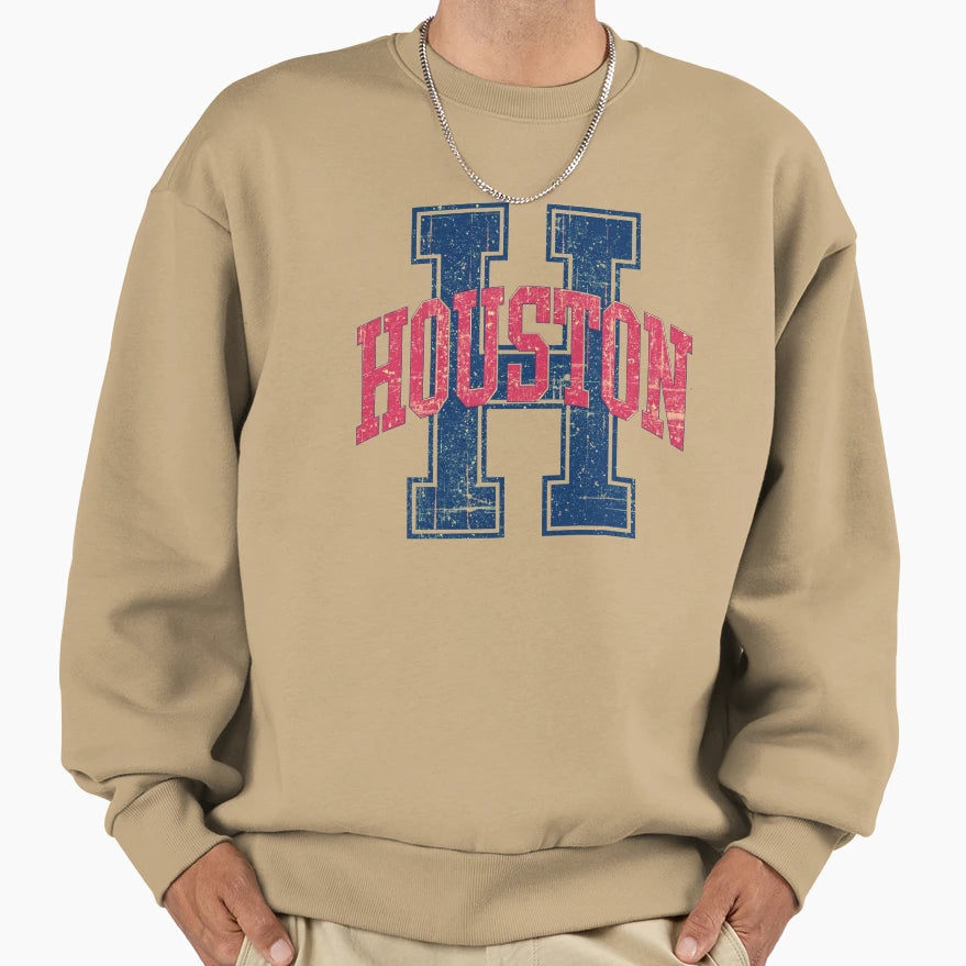 Distressed Collegiate Houston Sweatshirt - Custom Art Print for Adults - T-Shirt, Sweatshirt, Hoodie