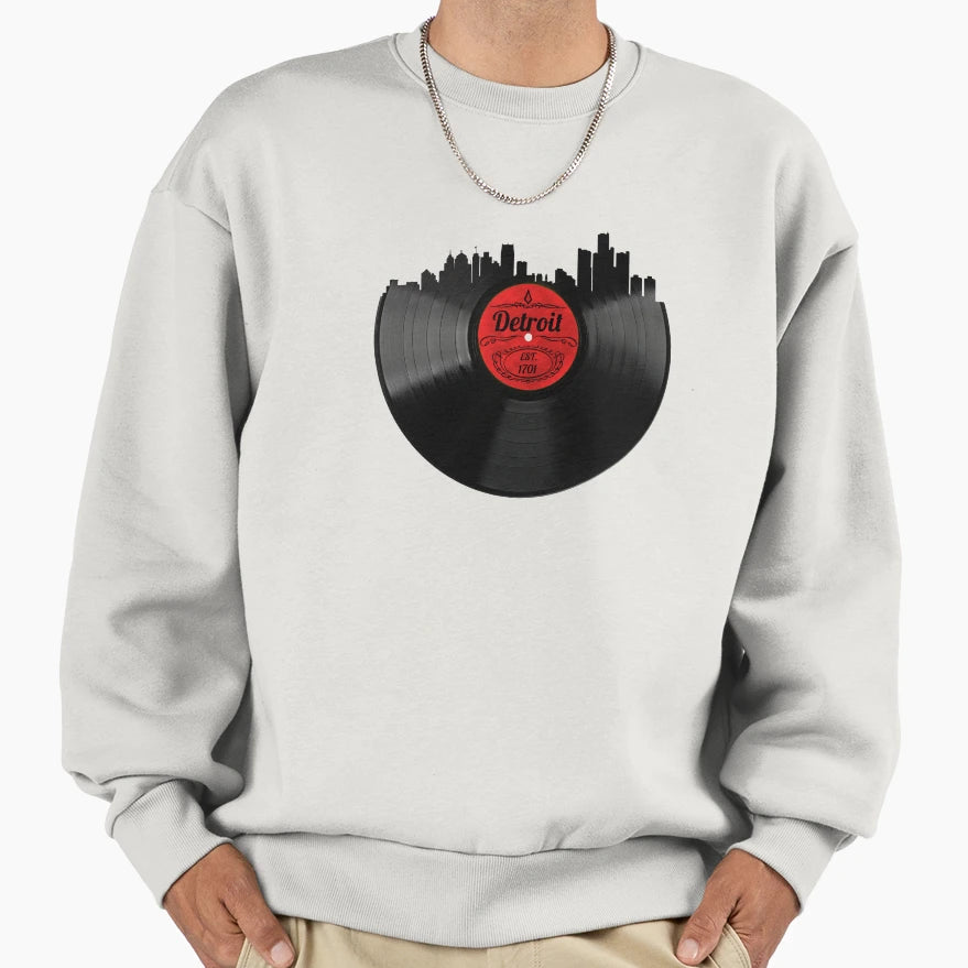 Detroit Michigan Vinyl Record Skyline Sweatshirt - Aesthetic Graphic Unisex - T-Shirt, Sweatshirt, Hoodie