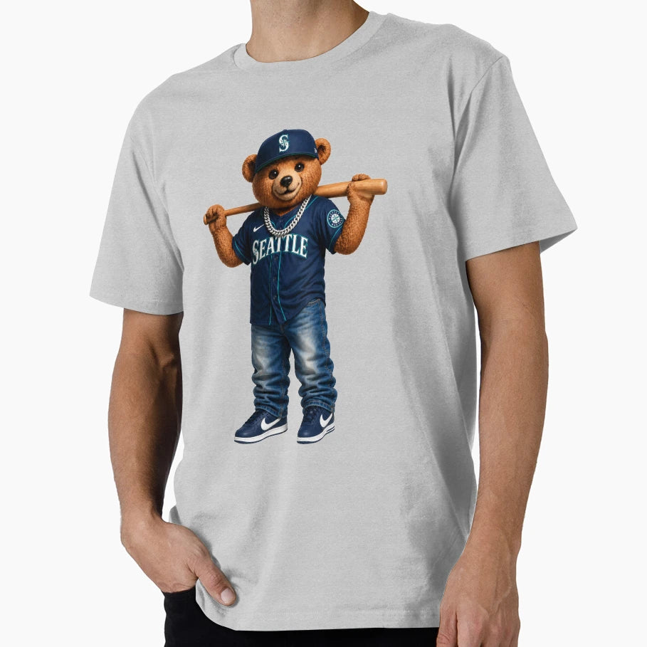 Seattle Baseball Bear Bat Shoulder T-Shirt - Unique Graphic for Adults - T-Shirt, Sweatshirt, Hoodie