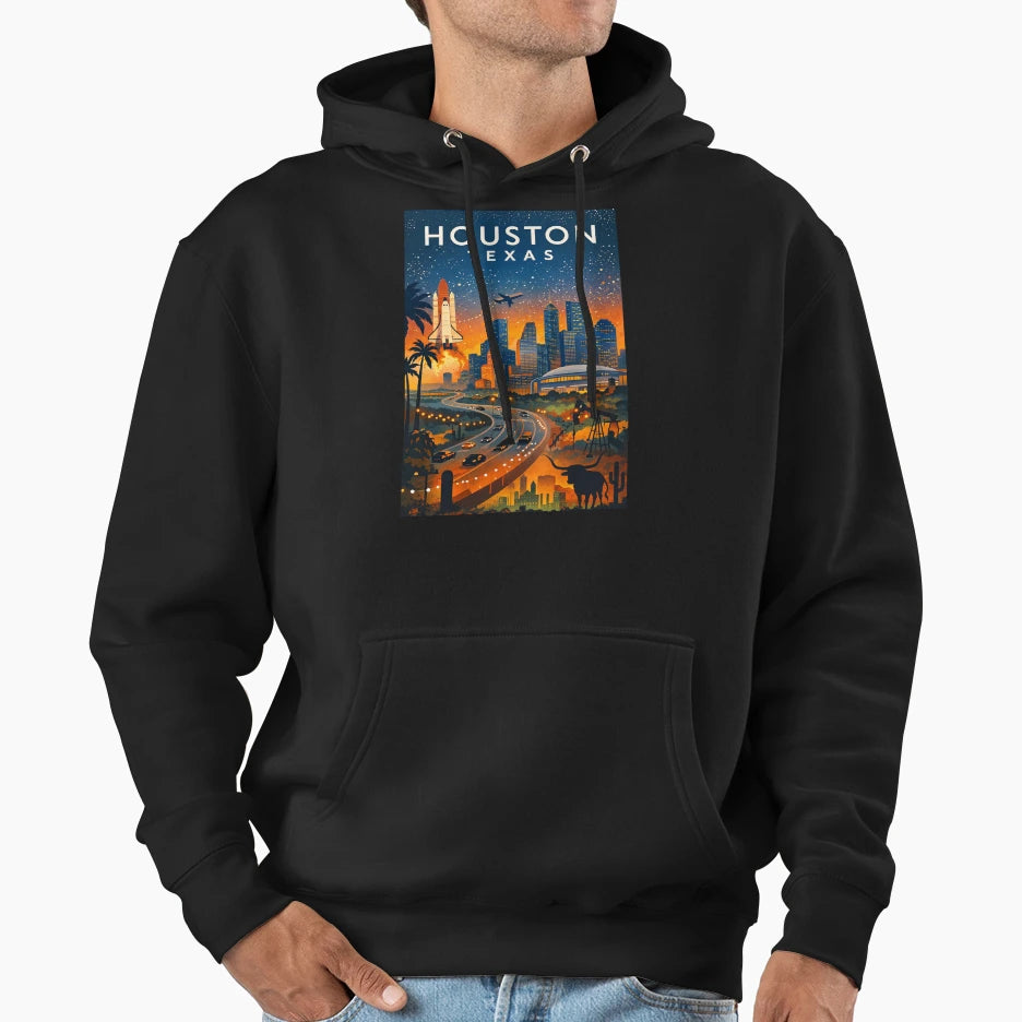 Houston Texas Skyline Sunset Space Hoodie - Aesthetic Graphic Unisex - T-Shirt, Sweatshirt, Hoodie
