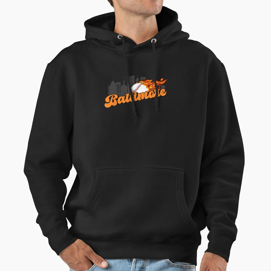 Baltimore Baseball City Skyline Baseball Hoodie - Unique Graphic Unisex - T-Shirt, Sweatshirt, Hoodie