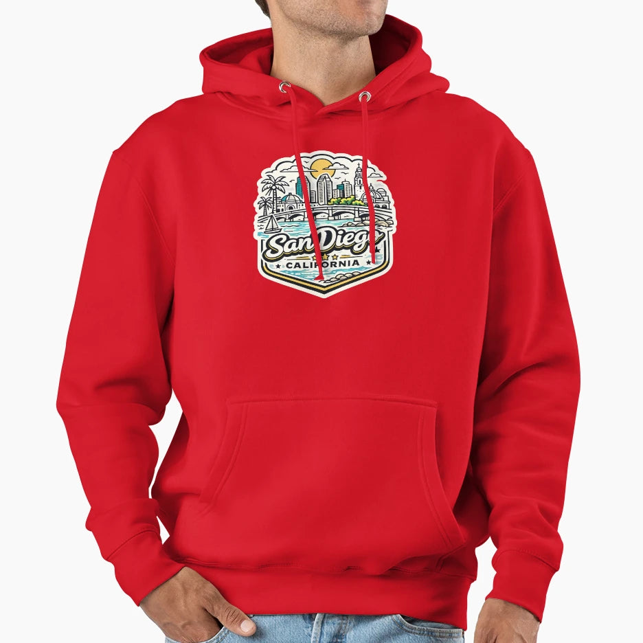 San Diego California Skyline Travel Badge Hoodie - Trendy Graphic Unisex - T-Shirt, Sweatshirt, Hoodie