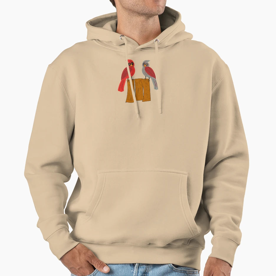 Two Cardinals Fence Cartoon Drawing Hoodie - Fun Novelty Design Men Women - T-Shirt, Sweatshirt, Hoodie