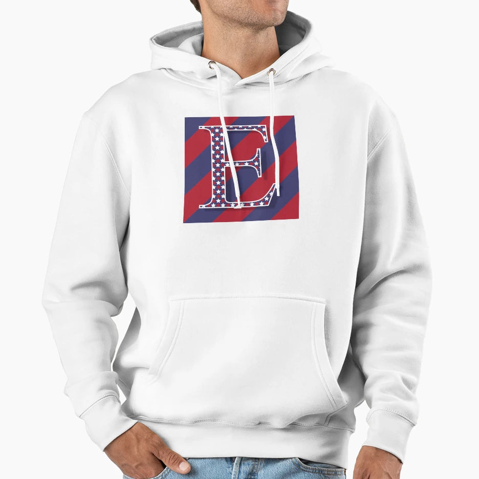 Letter E Americana Old Glory Red And Blue Hoodie - Minimalist Print Unisex - T-Shirt, Sweatshirt, Hoodie