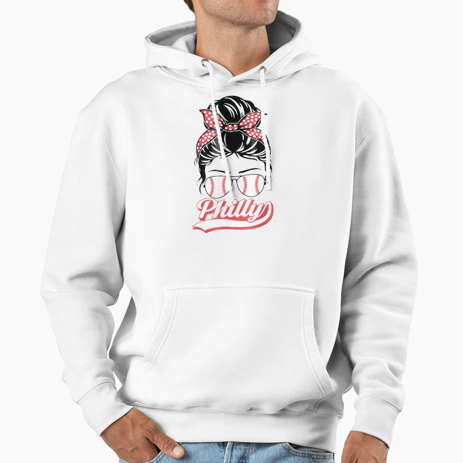 Philly Baseball Fans Messy Bun Hoodie - Fun Novelty Design Unisex - T-Shirt, Sweatshirt, Hoodie
