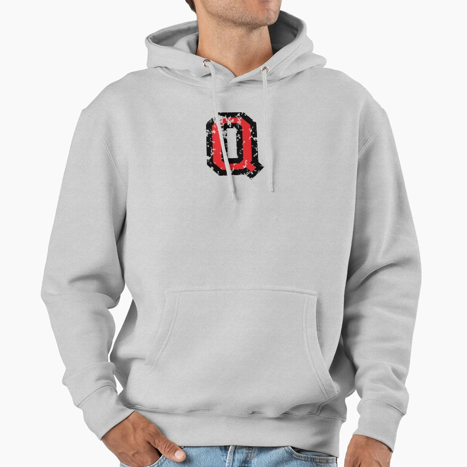 Letter Q Distressed Two Color Black Red Hoodie - Graphic Print Unisex - T-Shirt, Sweatshirt, Hoodie