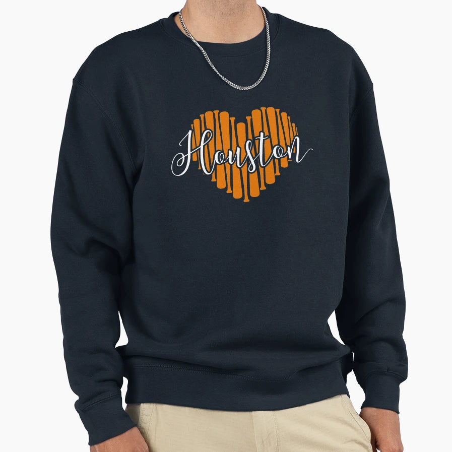 I Love Houston Baseball Bat Heart Sweatshirt - Minimalist Print Men Women - T-Shirt, Sweatshirt, Hoodie