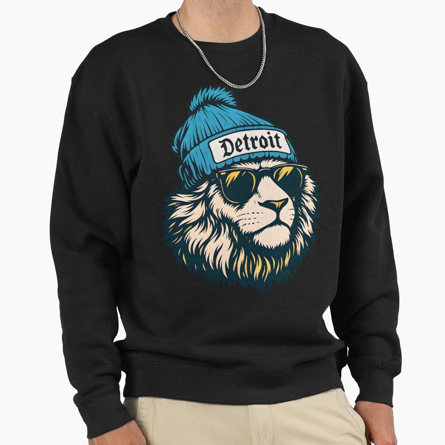 Hipster Lion Sunglasses And Detroit Sweatshirt - Unique Graphic Men Women - T-Shirt, Sweatshirt, Hoodie