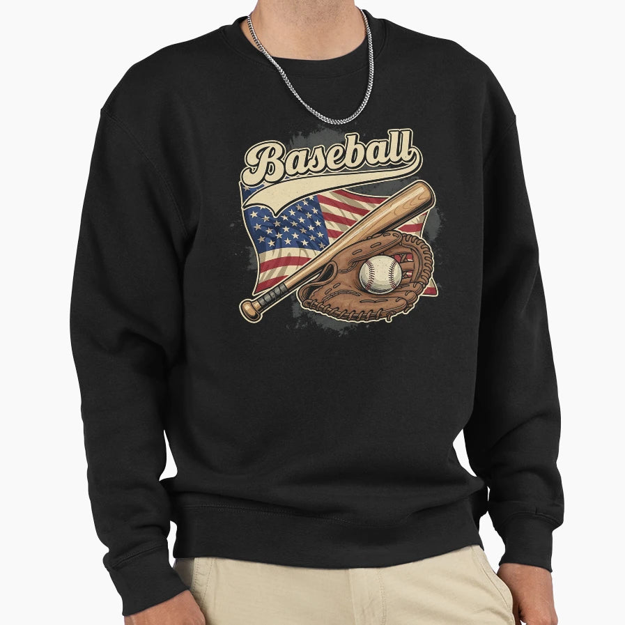 Baseball American Flag Baseball Sweatshirt - Aesthetic Graphic Unisex - T-Shirt, Sweatshirt, Hoodie