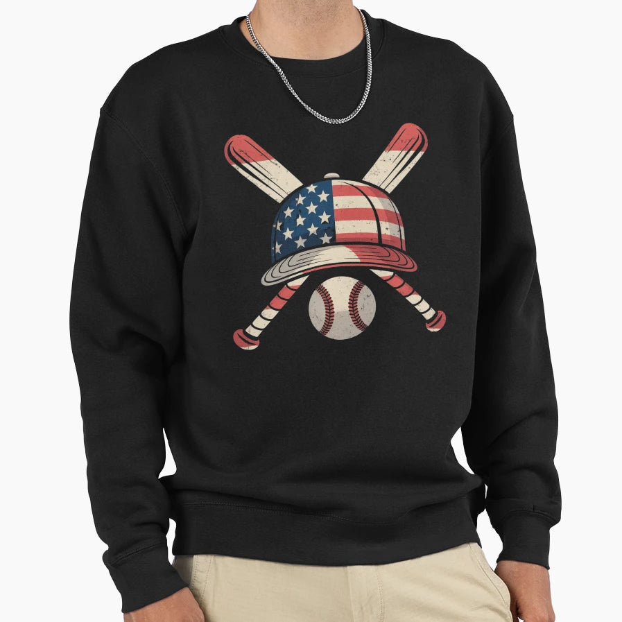 Baseball American Flag Lax Cap Bat Sweatshirt - Minimalist Print Men Women - T-Shirt, Sweatshirt, Hoodie