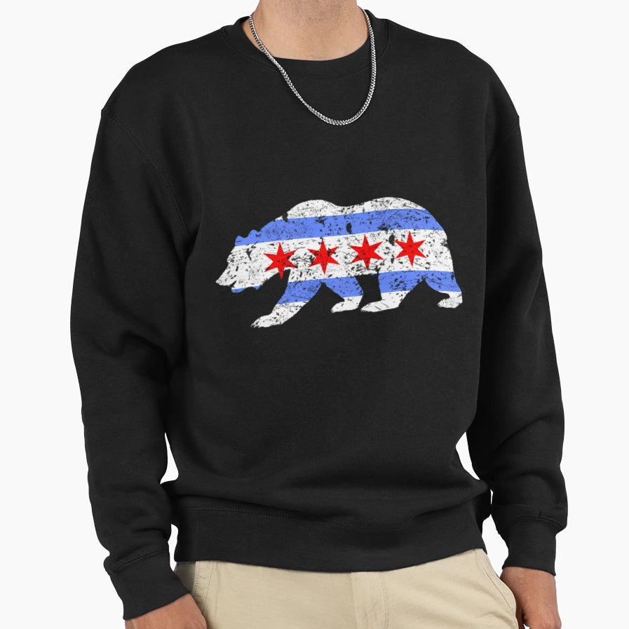 Chicago City Flag Distressed Bear Sweatshirt - Custom Art Print Men Women - T-Shirt, Sweatshirt, Hoodie