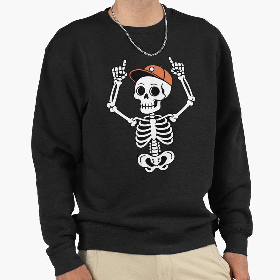 Rocker Skeleton Cap Skater Halloween Sweatshirt - Trendy Graphic Unisex - T-Shirt, Sweatshirt, Hoodie
